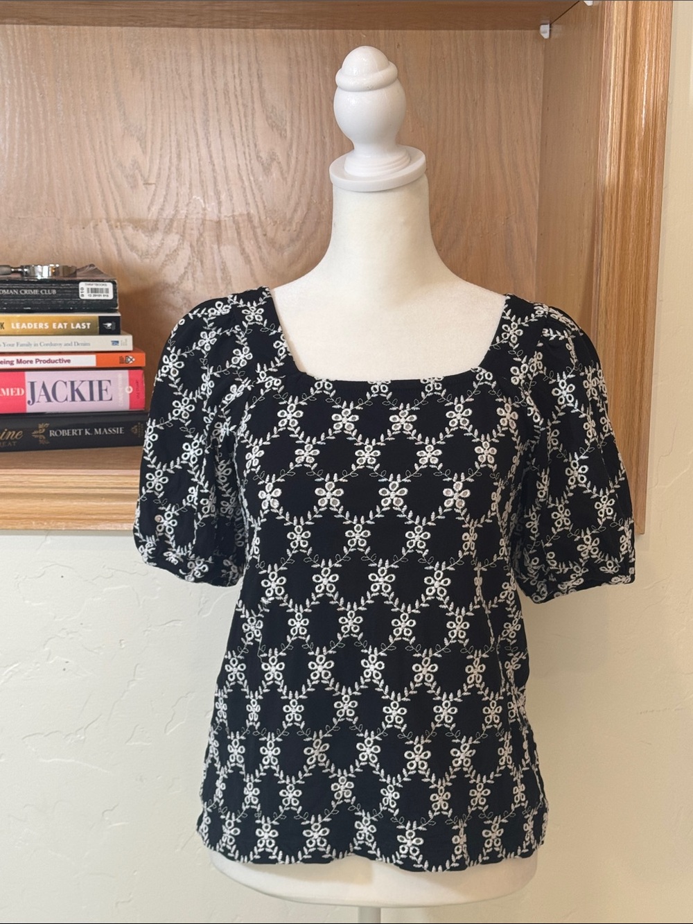 Lost Black and White Square Neck Blouse with Puff Sleeve Detail